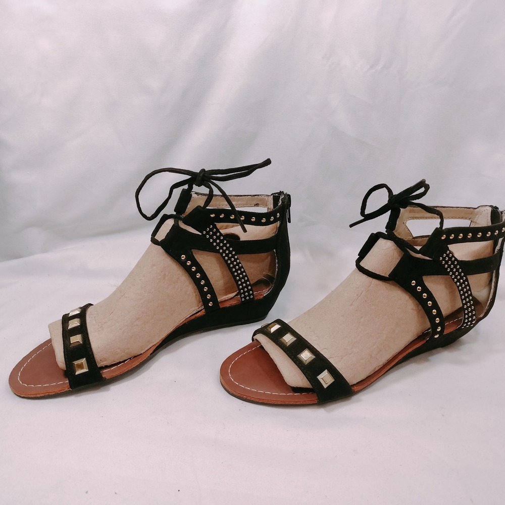 Unity by Carlos Santana Black Wedge Sandals; Studded Strappy Lace Up Glads